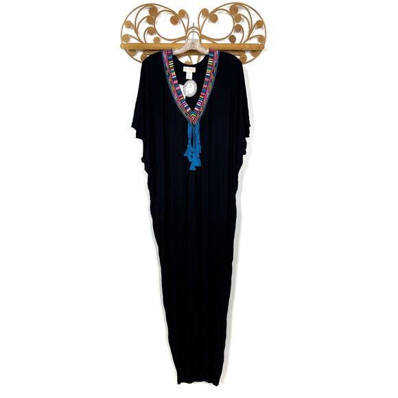 NEW Mara Hoffman Swim black maxi embroidered v neck line Kaftan OS - Picture 1 of 5